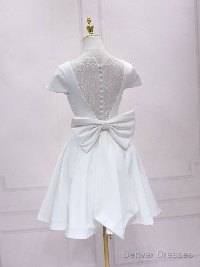 Simple White V Neck Lace Short Prom Dress, White Bridesmaid Dress Secondary image