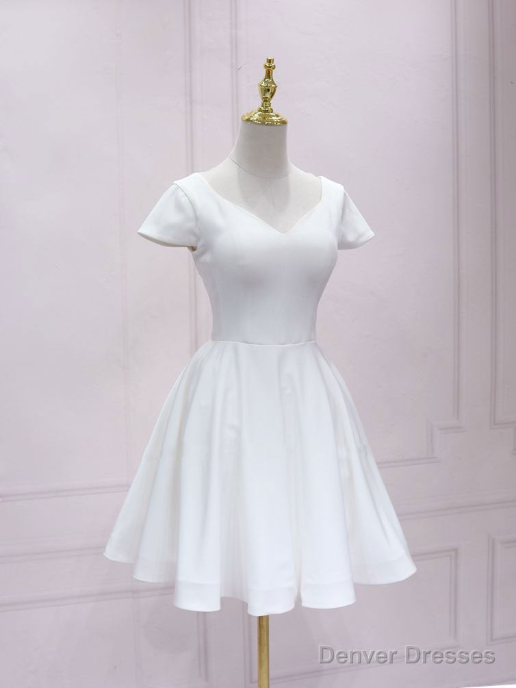 Simple White V Neck Lace Short Prom Dress, White Bridesmaid Dress Main image