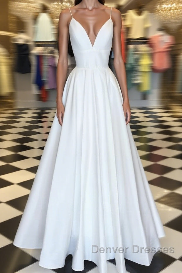 Simple white v neck satin long prom Dress white evening Dress
