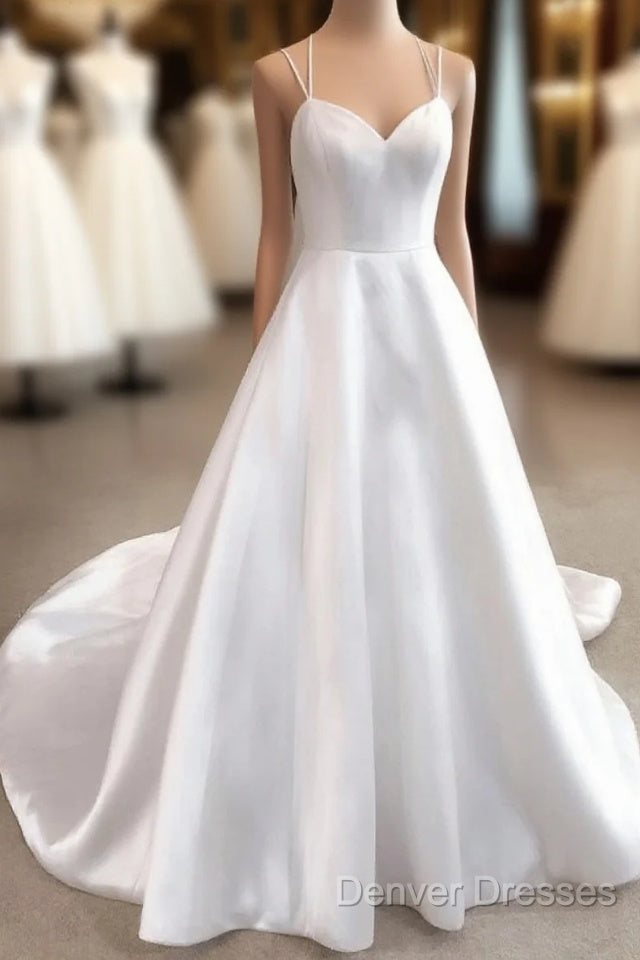 Simple White V Neck Satin Long Wedding Dress White Bridal Dress