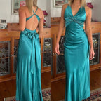 Simple Yellow A-Line Long Prom Dress For Party&Guest-V Neck Satin Beautiful Backless Formal Evening Dress