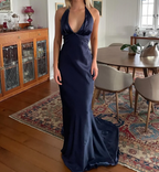Simple Yellow A-Line Long Prom Dress For Party&Guest-V Neck Satin Beautiful Backless Formal Evening Dress