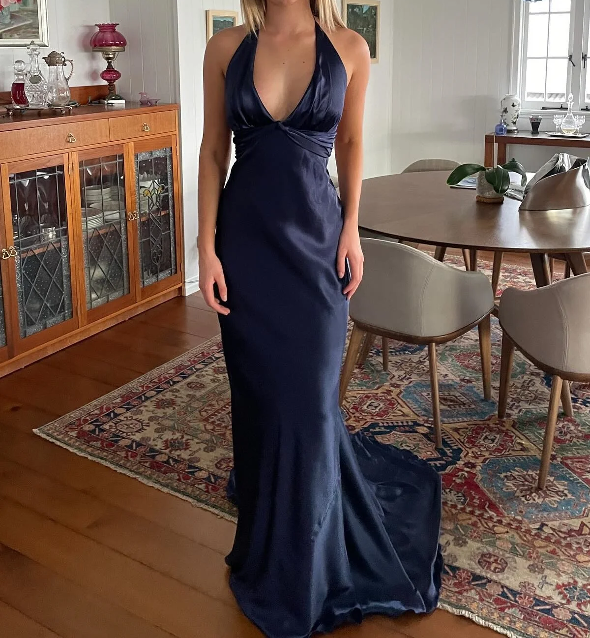Simple Yellow A-Line Long Prom Dress For Party&Guest-V Neck Satin Beautiful Backless Formal Evening Dress