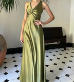 Simple Yellow A-Line Long Prom Dress For Party&Guest-V Neck Satin Beautiful Backless Formal Evening Dress