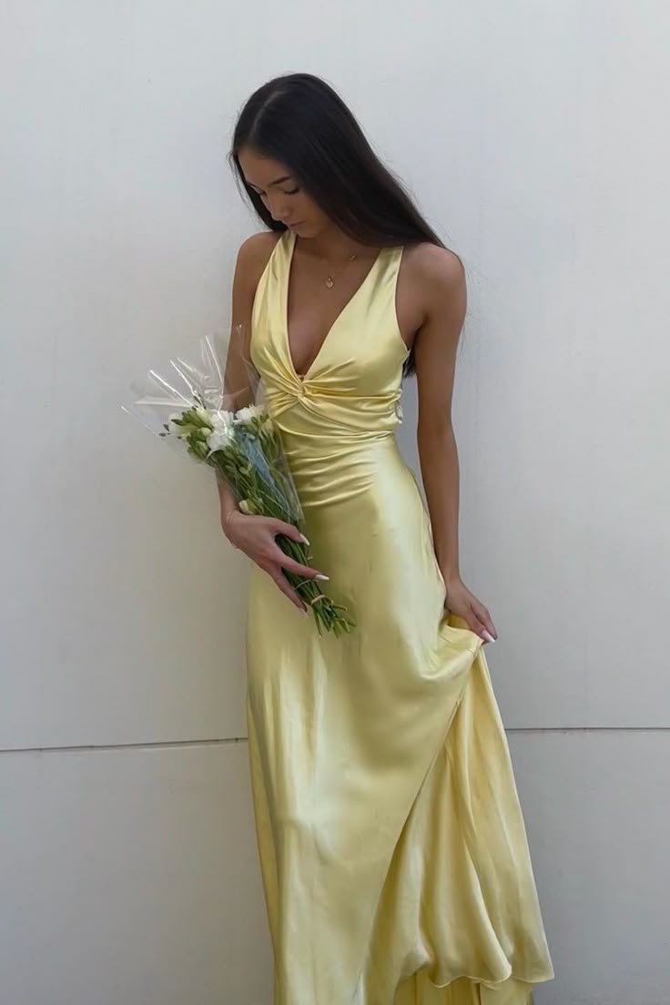 Simple Yellow A-Line Long Prom Dress For Party&Guest-V Neck Satin Beautiful Backless Formal Evening Dress Main image