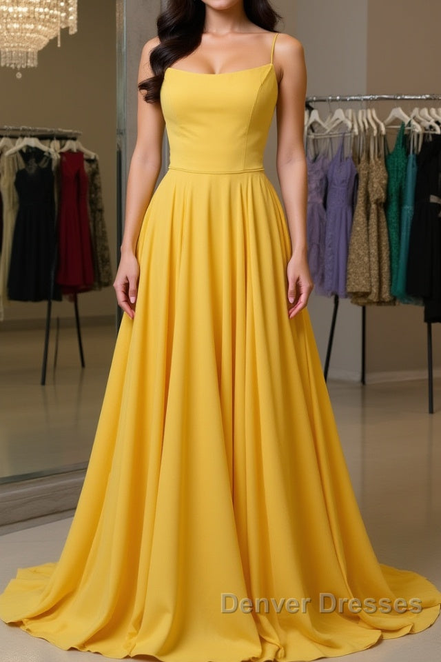 Simple yellow chiffon long prom Dress, yellow formal Dress Main image