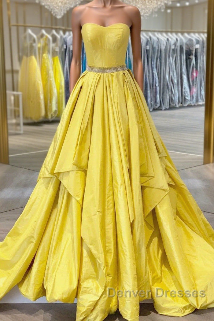 Simple yellow satin long prom Dress yellow evening Dress