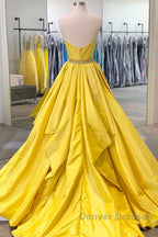 Simple yellow satin long prom Dress yellow evening Dress