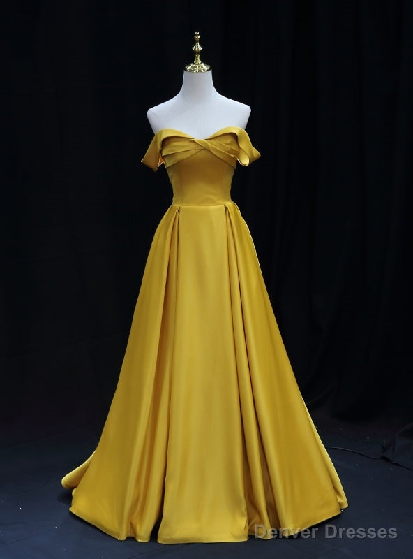 Simple Yellow Satin Off the Shoulder Prom Dress Main image