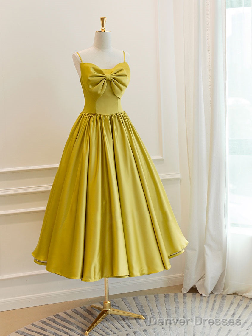 Simple Yellow Satin Short Prom Dress, Yellow Bridesmaid Dress