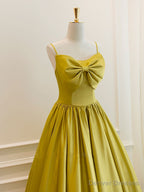 Simple Yellow Satin Tea Length Prom Dress, Yellow Homecoming Dress