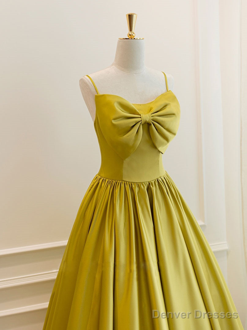Simple Yellow Satin Tea Length Prom Dress, Yellow Homecoming Dress