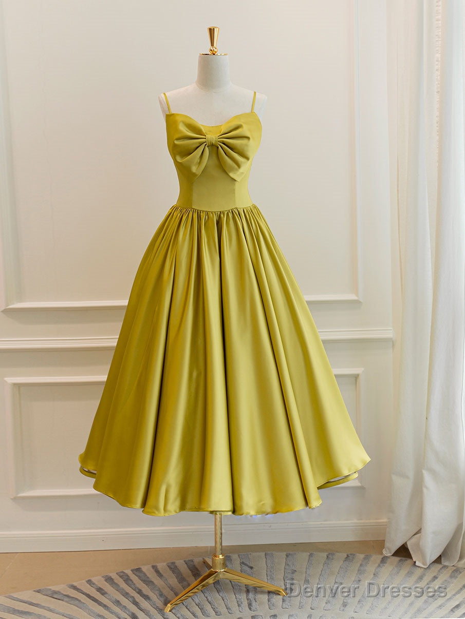 Simple Yellow Satin Tea Length Prom Dress, Yellow Homecoming Dress Main image