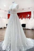 Simply Long A-line Tulle Lace Open Back Wedding Dress
