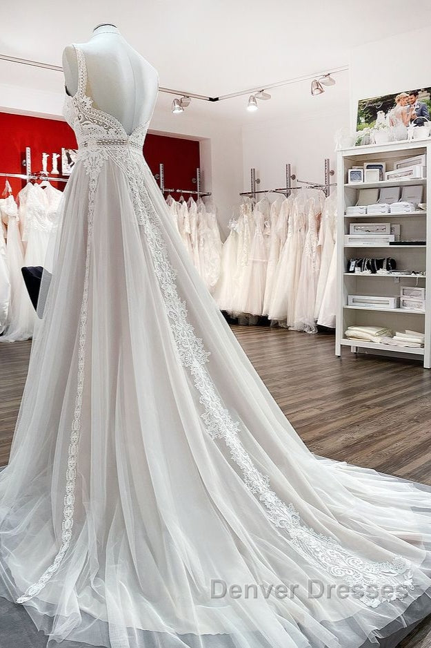 Simply Long A-line Tulle Lace Open Back Wedding Dress