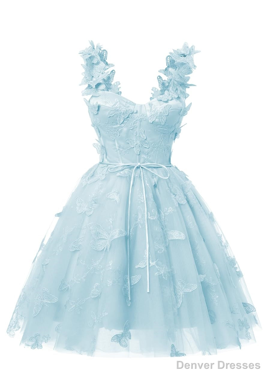 Sky Blue 3D Butterfly Lace Applique Tulle Homecoming Dress for Teens Sweetheart Mini Short Prom Dresses Secondary image