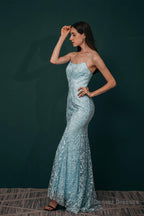 Sky Blue Backless Long Lace Spaghetti Straps Prom Dresses
