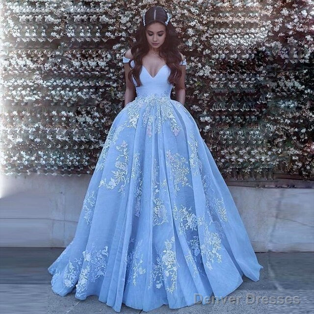 Sky Blue Ball Gown Lace Appliqued Off the Shoulder Quinceanera Dress Main image