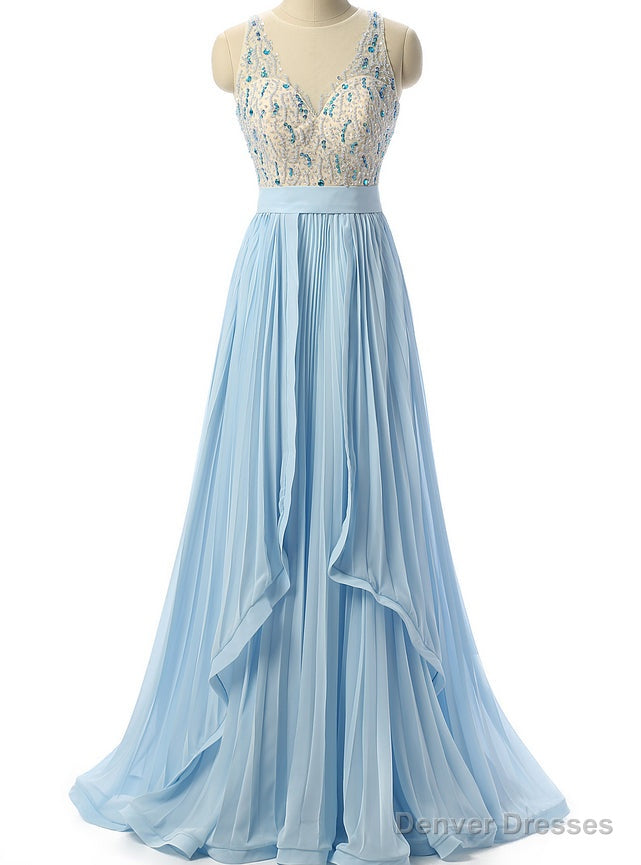 Sky Blue Beaded Prom Dress Formal Women Evening Dresses