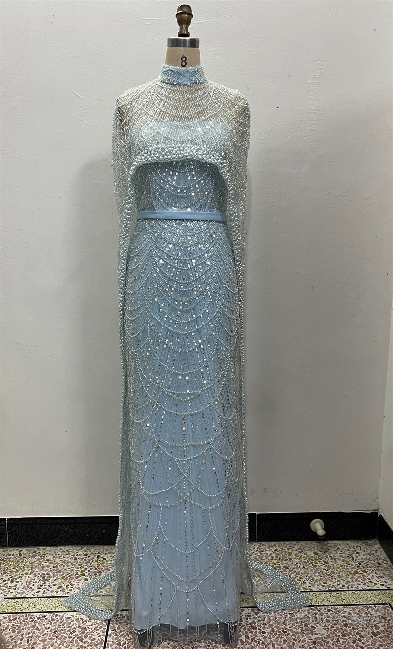 Sky Blue Beading Prom Dresses Sweep Train High Neck Zipper Sleeveless Evening Dresses Secondary image