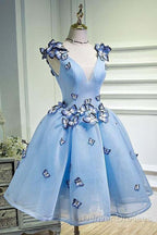 Sky Blue Homecoming Dress Butterfly Applique Short Prom Dress