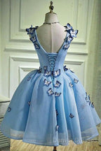 Sky Blue Homecoming Dress Butterfly Applique Short Prom Dress