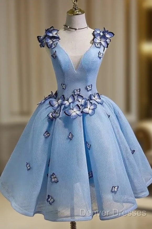 Sky Blue Homecoming Dress Butterfly Applique Short Prom Dress Main image