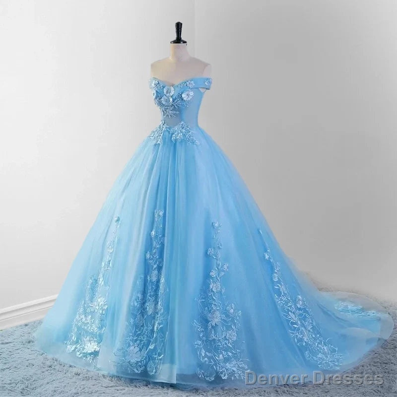 Sky Blue Lace Dress 3D Flowers Quinceanera Dresses with Train