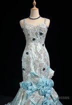 Sky Blue Mermaid Spaghetti Straps Organza Diamond Long Prom Dress Lace Floral Evening Gown