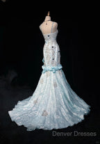 Sky Blue Mermaid Spaghetti Straps Organza Diamond Long Prom Dress Lace Floral Evening Gown