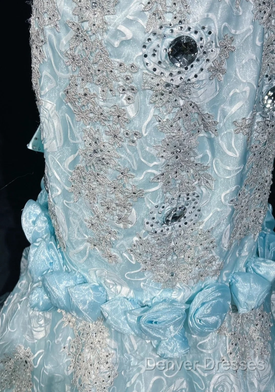 Sky Blue Mermaid Spaghetti Straps Organza Diamond Long Prom Dress Lace Floral Evening Gown