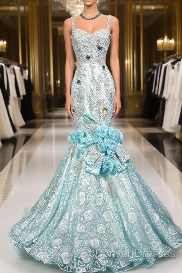 Sky Blue Mermaid Spaghetti Straps Organza Diamond Long Prom Dress Lace Floral Evening Gown Main image