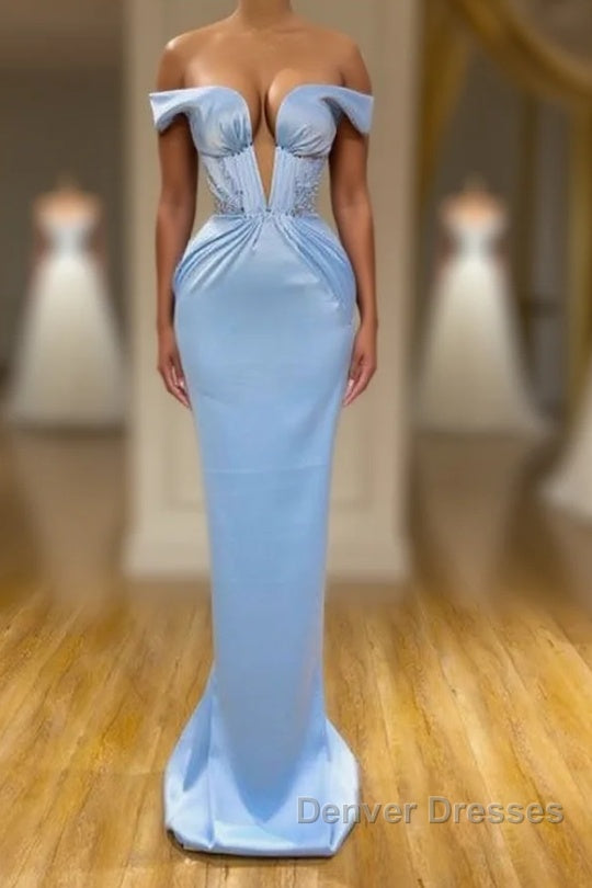 Sky Blue Mermaid V-Neck Off-The-Shoulder Prom Dress Main image