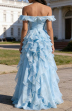 Sky Blue Ruffled A-Line Square Neck Long Prom Dress