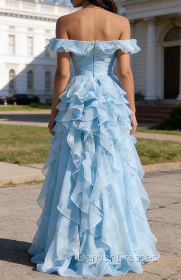 Sky Blue Ruffled A-Line Square Neck Long Prom Dress