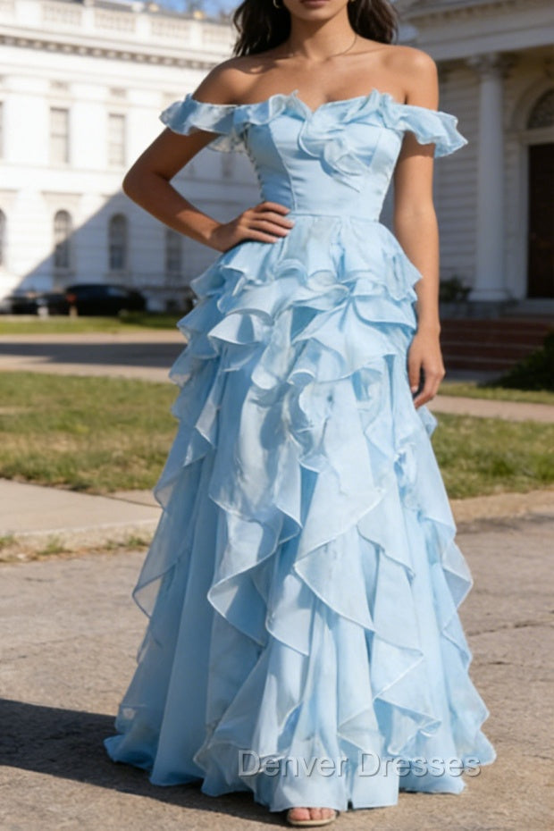 Sky Blue Ruffled A-Line Square Neck Long Prom Dress Main image