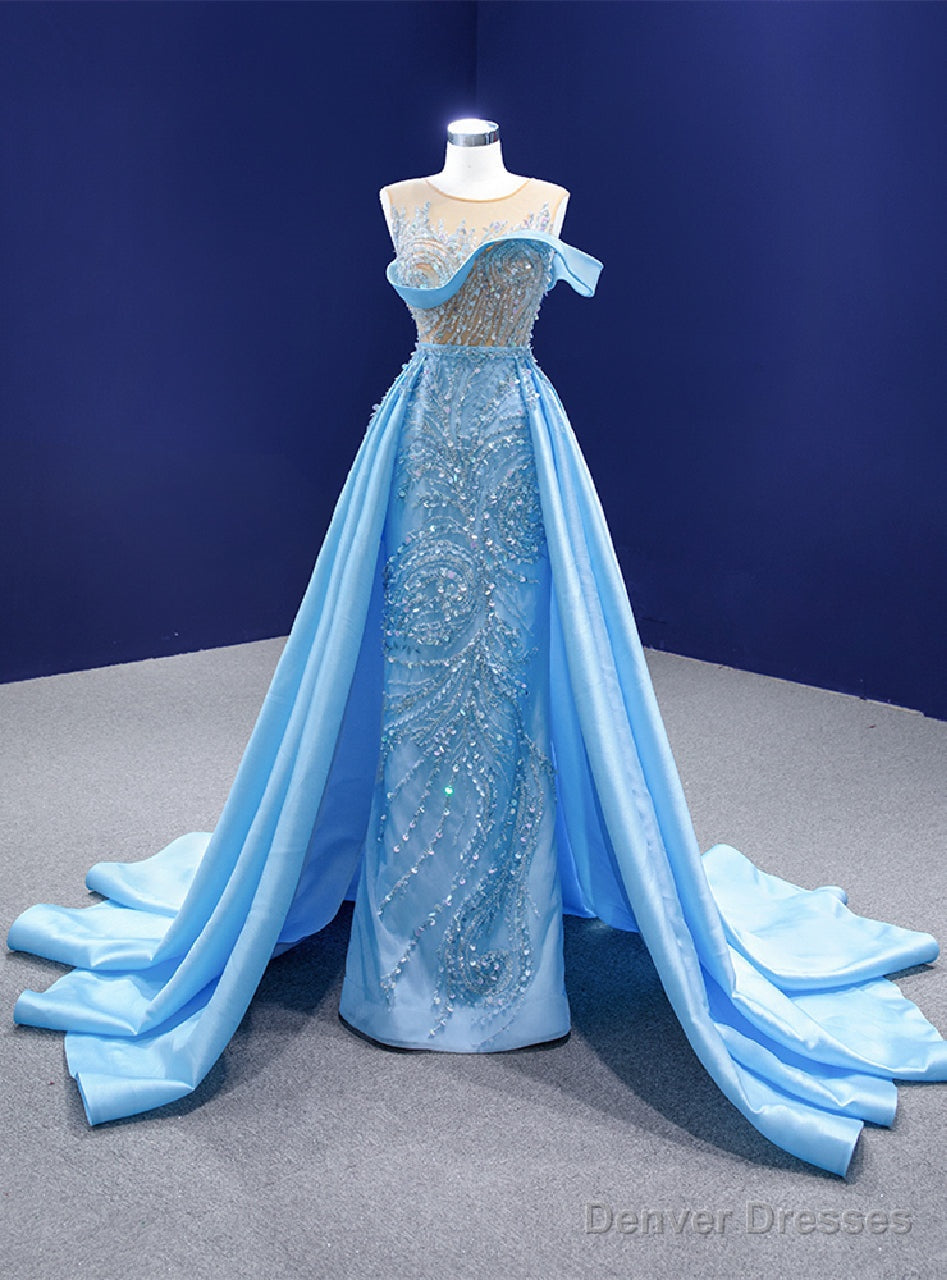 Sky Blue Satin Sequins Beading Prom Dress Main image