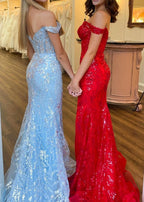 Sky Blue Sequin Lace Off the Shoulder Mermaid Prom Dress