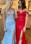 Sky Blue Sequin Lace Off the Shoulder Mermaid Prom Dress