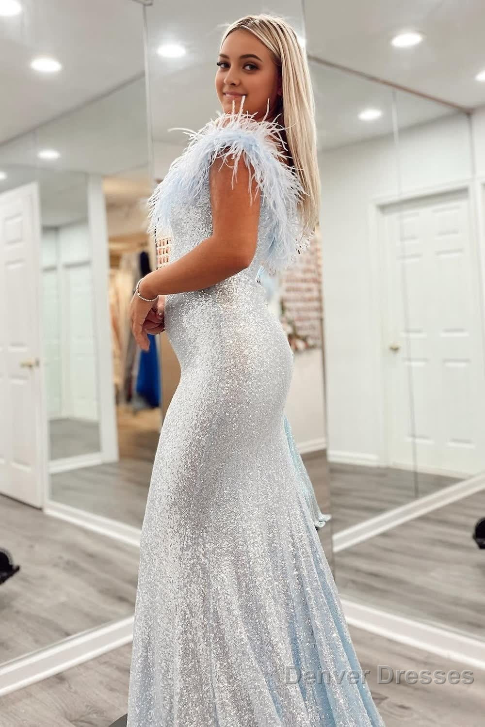 Sky Blue Sequin Mermaid Prom Dress with Feather Secondary image