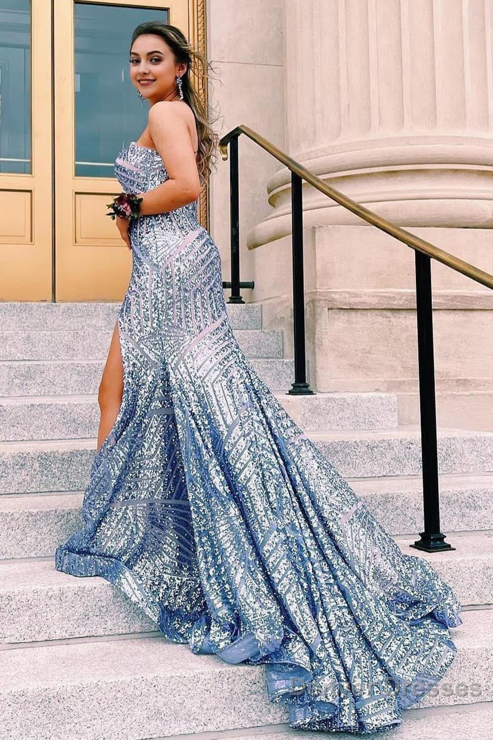 Sky Blue Sequins Strapless Long Prom Dress Secondary image
