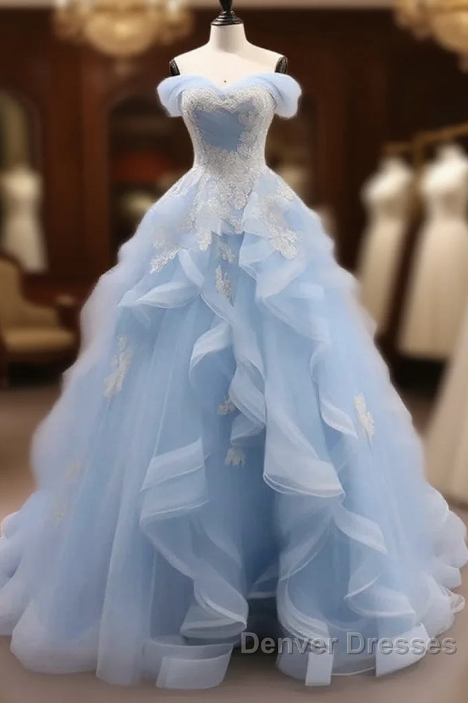 Sky Blue Tulle Ruffles Appliques A Line Prom Dress Main image