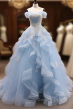 Sky Blue Tulle Ruffles Appliques A Line Prom Dress