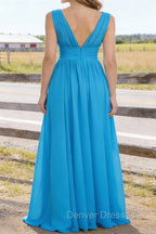 Sky Blue V Neck Chiffon Floor Length Bridesmaid Dresses Long Bridesmaid Dress With Pleated Split