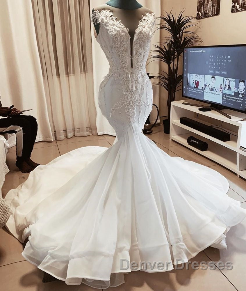 Sleeveless Beads Appliques Mermaid Wedding Dress Sheer Tulle V neck Tulle Bridal Gowns Secondary image