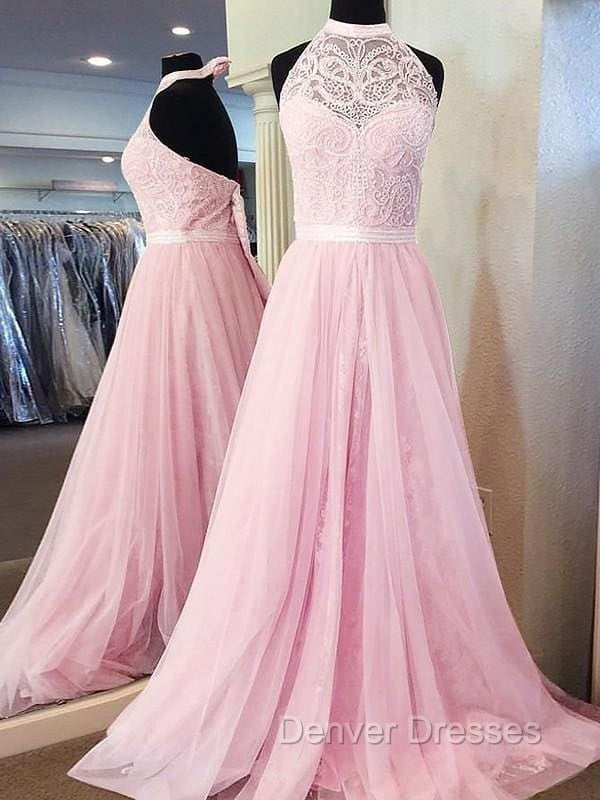 Sleeveless Halter Tulle A-Line With Lace Sweep/Brush Train Dress