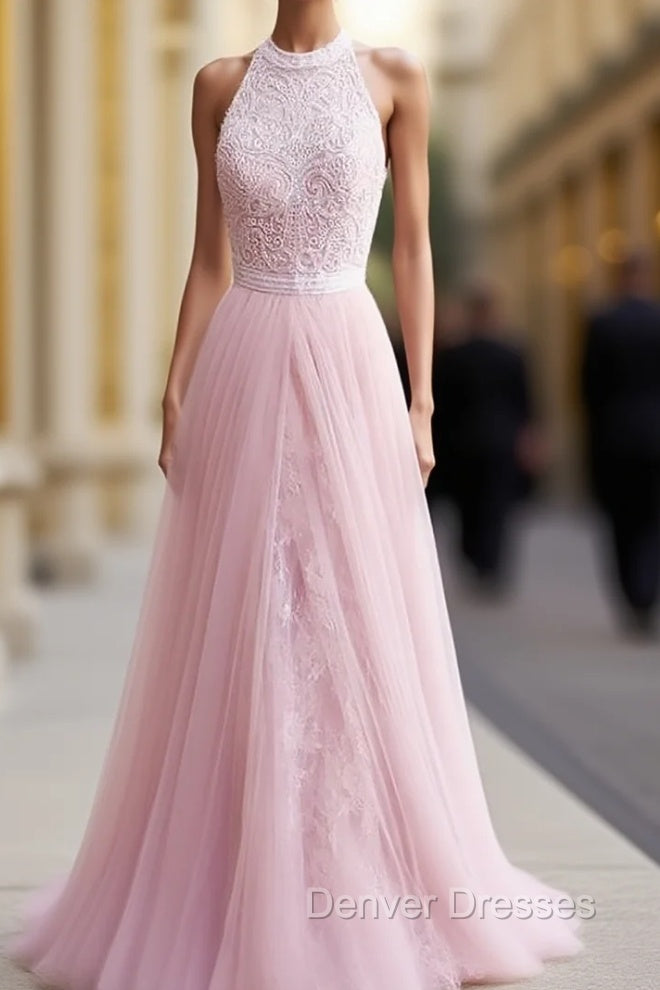Sleeveless Halter Tulle A-Line With Lace Sweep/Brush Train Dress Main image