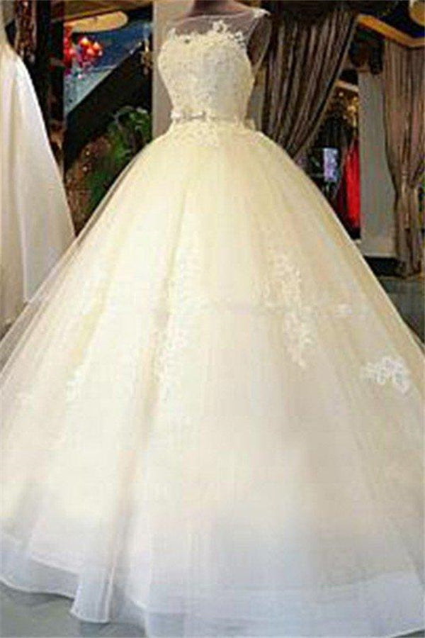 Sleeveless Ribbon Scoop Applique Tulle Ball Gown Cathedral Train Wedding Dresses Main image