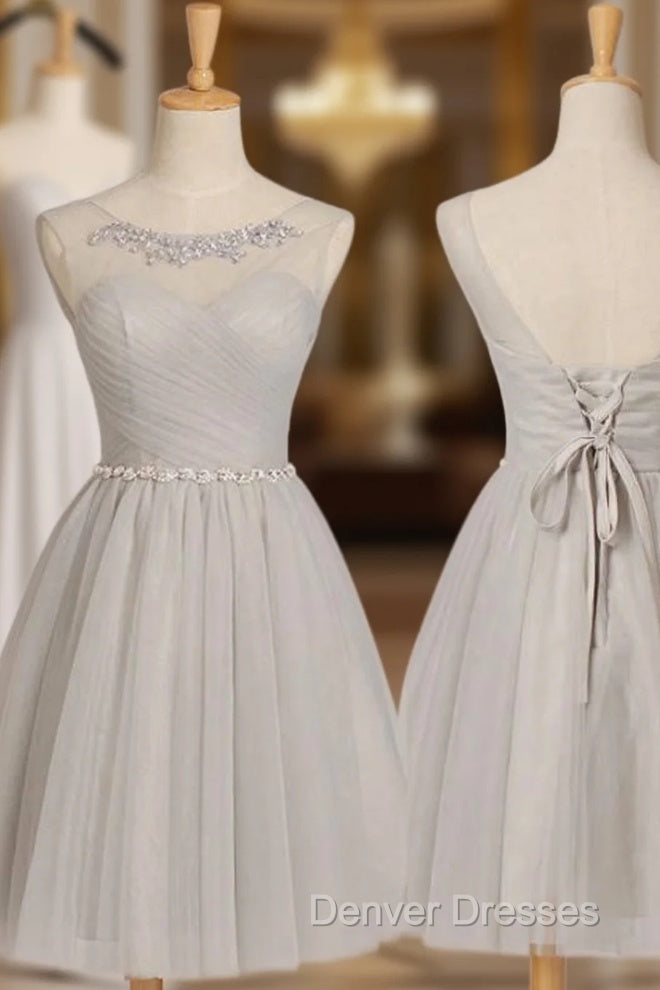 Sleeveless Scoop Neck Knee-Length A-Line/Princess Tulle Bridesmaid Dress With Beaded Main image