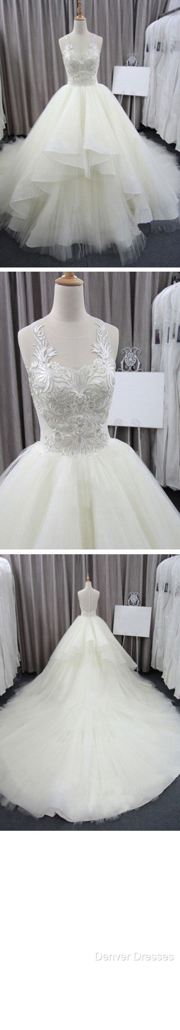 Sleeveless Scoop Yarn Neck Lace Ivory Tulle Asymmetrical Ball Gown Cathedral Train Wedding Dress, Secondary image